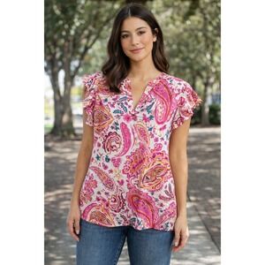 NWOT Southern Stitch Pink Paisley Floral Ruffle Sleeve Top 2XL Summer Blouse